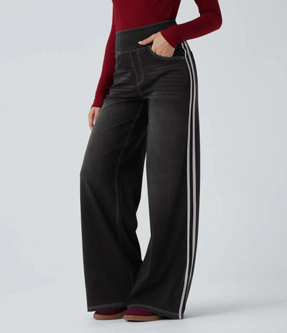 Retro Washed Blue Side Stripe Jeans Women's Y2K High Street Loose Wide Leg Pants Casual Comfortable High Waist Denim Jeans