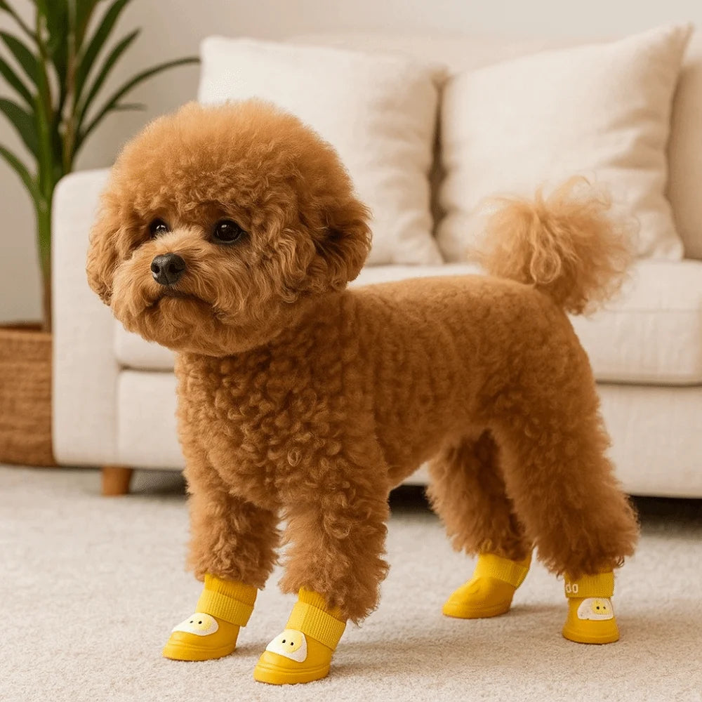 4Pcs/Set Silicone Pet Rain Boot Waterproof Anti Slip Sole Pet Paw Protector Cartoon Wear Resistance Outdoor Dog Footwear Outdoor