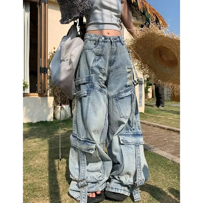 American New Fashion Vintage Washing Heavy Industry Multi-pocket Tooling Jeans Female Y2K Street Popular Baggy Drop Pants Tide