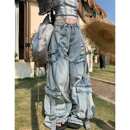 American New Fashion Vintage Washing Heavy Industry Multi-pocket Tooling Jeans Female Y2K Street Popular Baggy Drop Pants Tide
