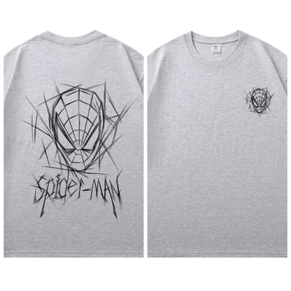 Spider Man New 2026 Back Print Graffiti Line Art T Shirt Men Women Summer Cotton Short Sleeve O Neck Oversized Black Streetwear Tops