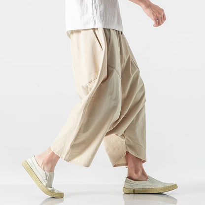 Spring Summer Men Plus Size Casual Harem Pants Vintage Loose Cotton Linen Wide Leg Pants Men Elastic Waist Pantalones Trousers