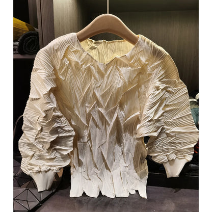 LANMREM New Batwing Sleeve Pleated Women's T-shirt American Style Loose Versatile Chic Round Collar Pullover Tops 2DB6558