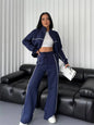 Sweatshirt Two-piece Suit Women's Oversize Striped Casual Sports Sets Zipper-up Short Jacket Straight Trousers 2-piece Sets