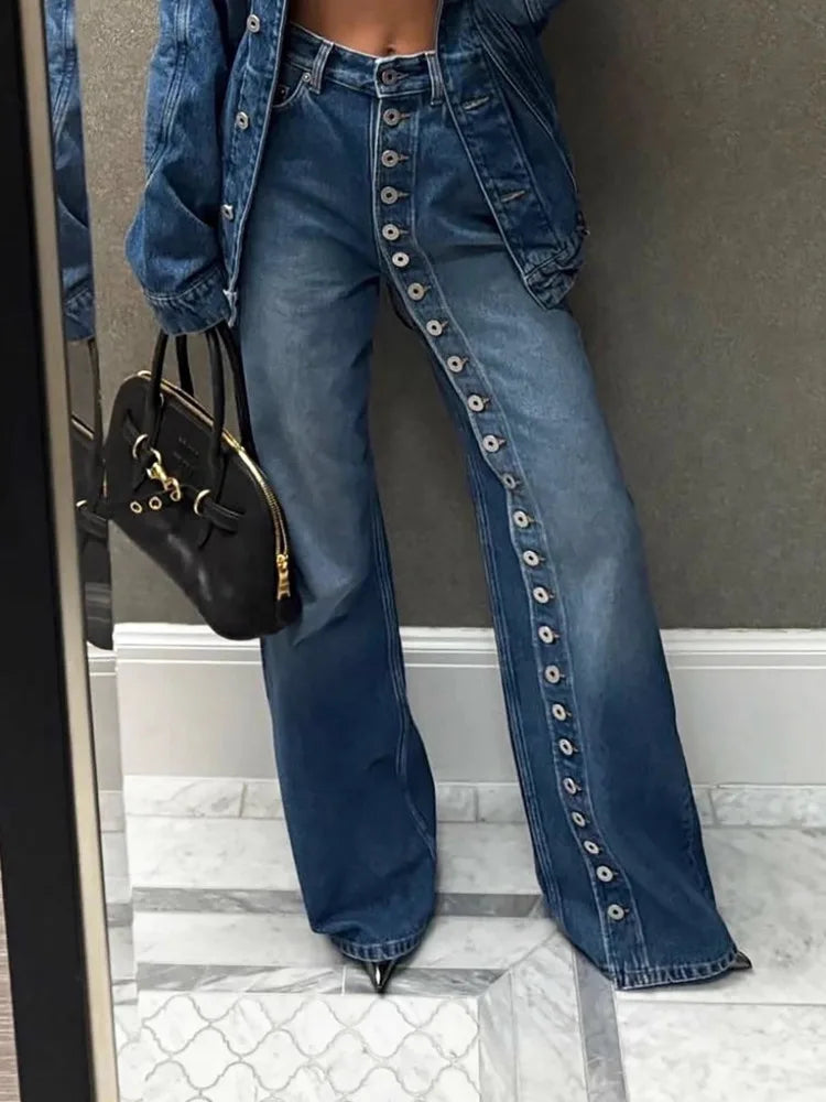 SHENGPALAE European And American Style Single-sided Multi Button Straight Leg Jeans For Women 2026 New