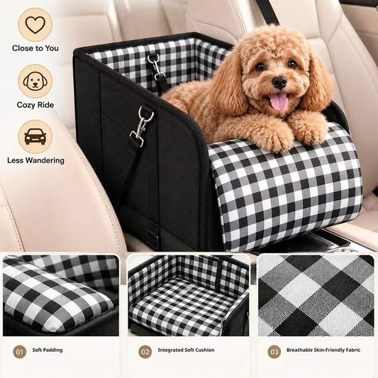 Plaid Pet Car Seat Portable Dog Booster Seat Simple Design with Armrest Soft Cushion for Small Dogs Travel Safety Tools