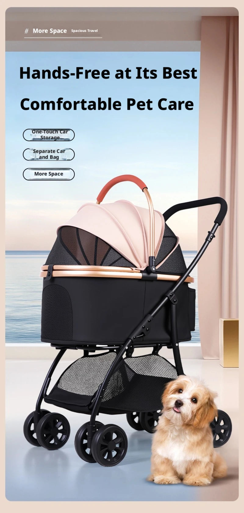 Pet Stroller 2-in-1 Detachable with Removable Lightweight Carrier Basket One-Click Fold 4-Wheel Dog Cat Trolley Breathable Mesh Windows Large Storage Space for Small Medium Pets
