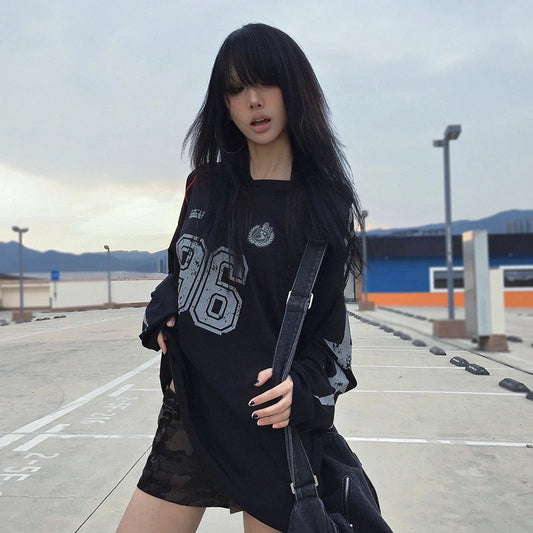 Karrcat Grunge Aesthetics Long Sleeve Jersey Tops Trashy 2000s Style Number Print T-shirt Japanese Y2k Streetwear American Retro