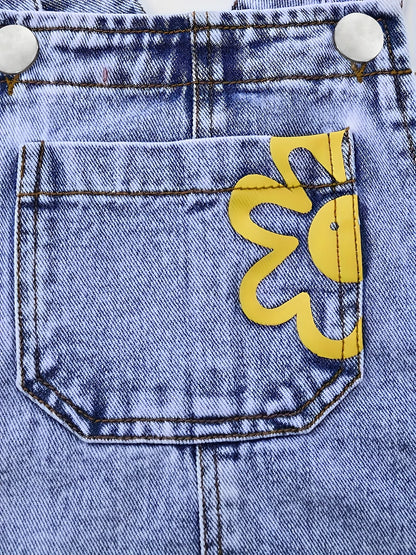 Girl's Y2K sunflower pattern printed straight and loose denim drawstring pants, workwear type drawstring pants.