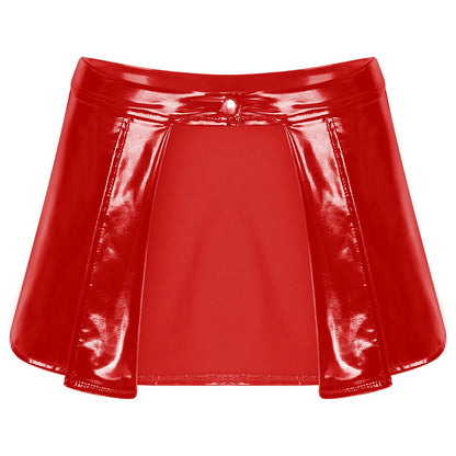Womens Patent Leather Mini Skirt Female Wet Look Clubwear Rave Custom for Pole Dancing Open Front One Button Bodycon Skirts