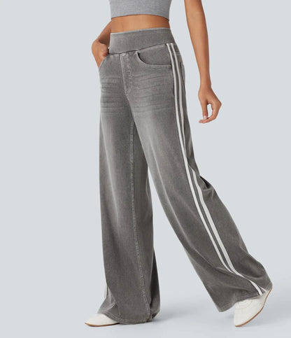 Retro Washed Blue Side Stripe Jeans Women's Y2K High Street Loose Wide Leg Pants Casual Comfortable High Waist Denim Jeans