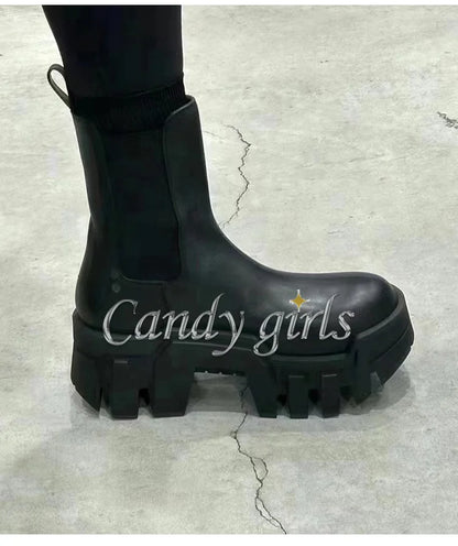 Retro Chelsea Mid-Calf for Women  New round Toe Muffin Gear Platform Black Mid-Calf Length Motorcycle Boots