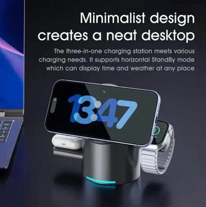 New Qi2 3In1 Magnetic Wireless Charger 15W Fast Charging Station Touch Button for IPhone Android Phones iWatch AirPods