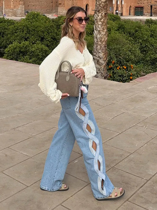 Y2k Vintage Women Jeans Hollow Out Solid Wide Leg Denim Pant Fashion All-match Lady Streetwear Summer Office Commute 2026