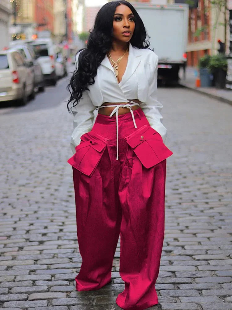 Solid Color Multi-pocket Loose Pants Women High Street Wide Leg Pants Straight High-waisted Oversized Y2K Trousers Pantalones