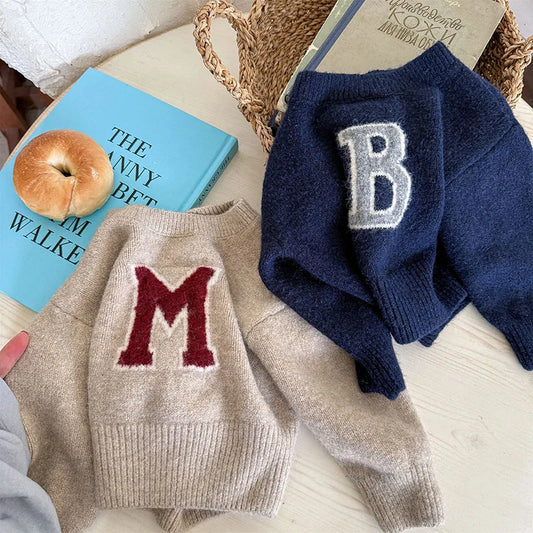 LILIGIRL New Winter Kids Sweater Cute Letter  Korean Girls Knitted Pullover Loose Simple Children Outwear Tops 1-6T