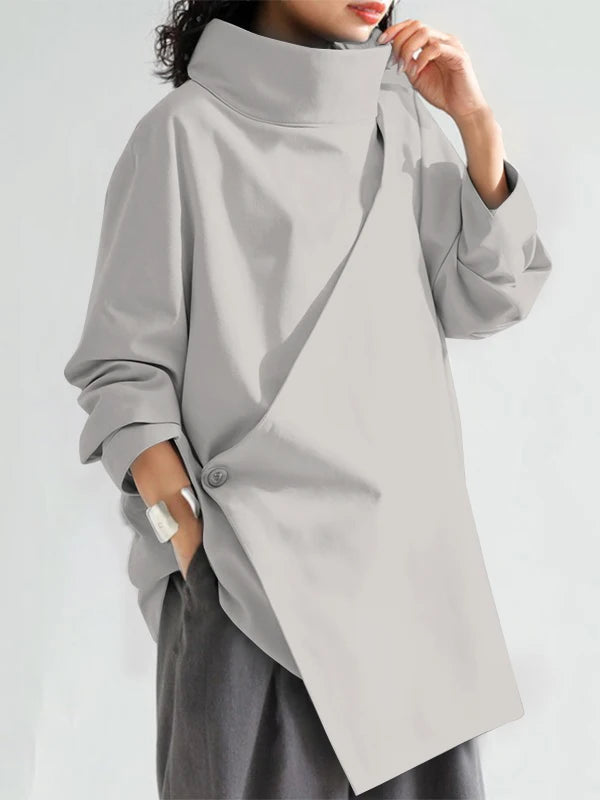 Gymystars 2026 New Black Long Sleeves Loose High Neck T-Shirts Tops Womens Spring Autumn Buttoned Casual Simpie Top