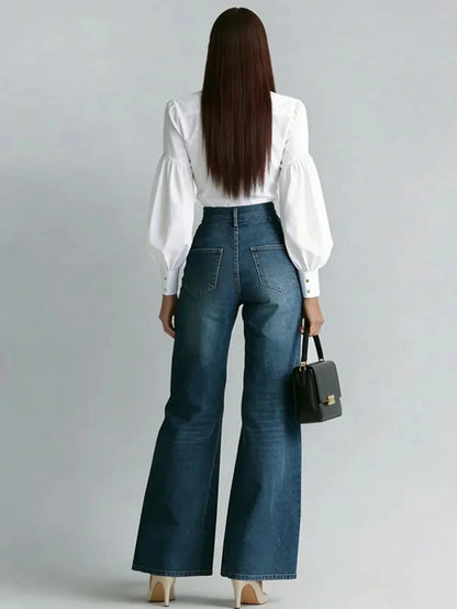 Women's Fashion Zipper Decor Slant Pocket Wide Leg Jeans Casual Pockets High Waist Elegant Loose Denim Trousers