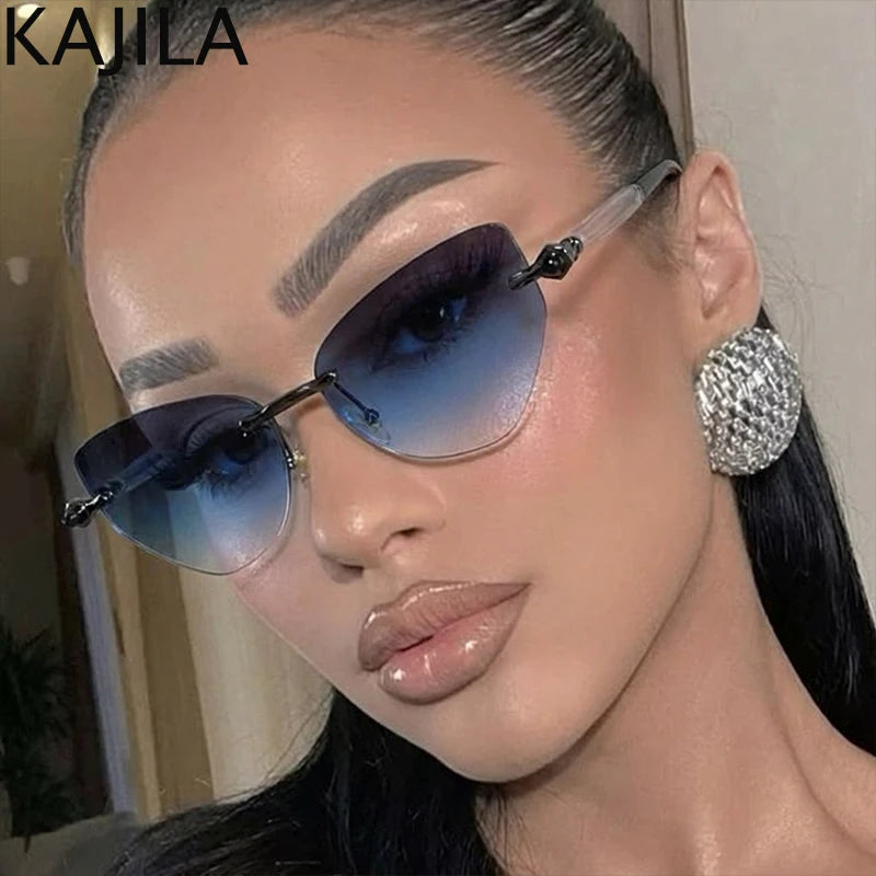 Sexy Cat Eye Punk Rimless Sunglasses Women Luxury Brand Retro Steampunk Polygon Sun Glasses For Ladies Fashion Shades UV400