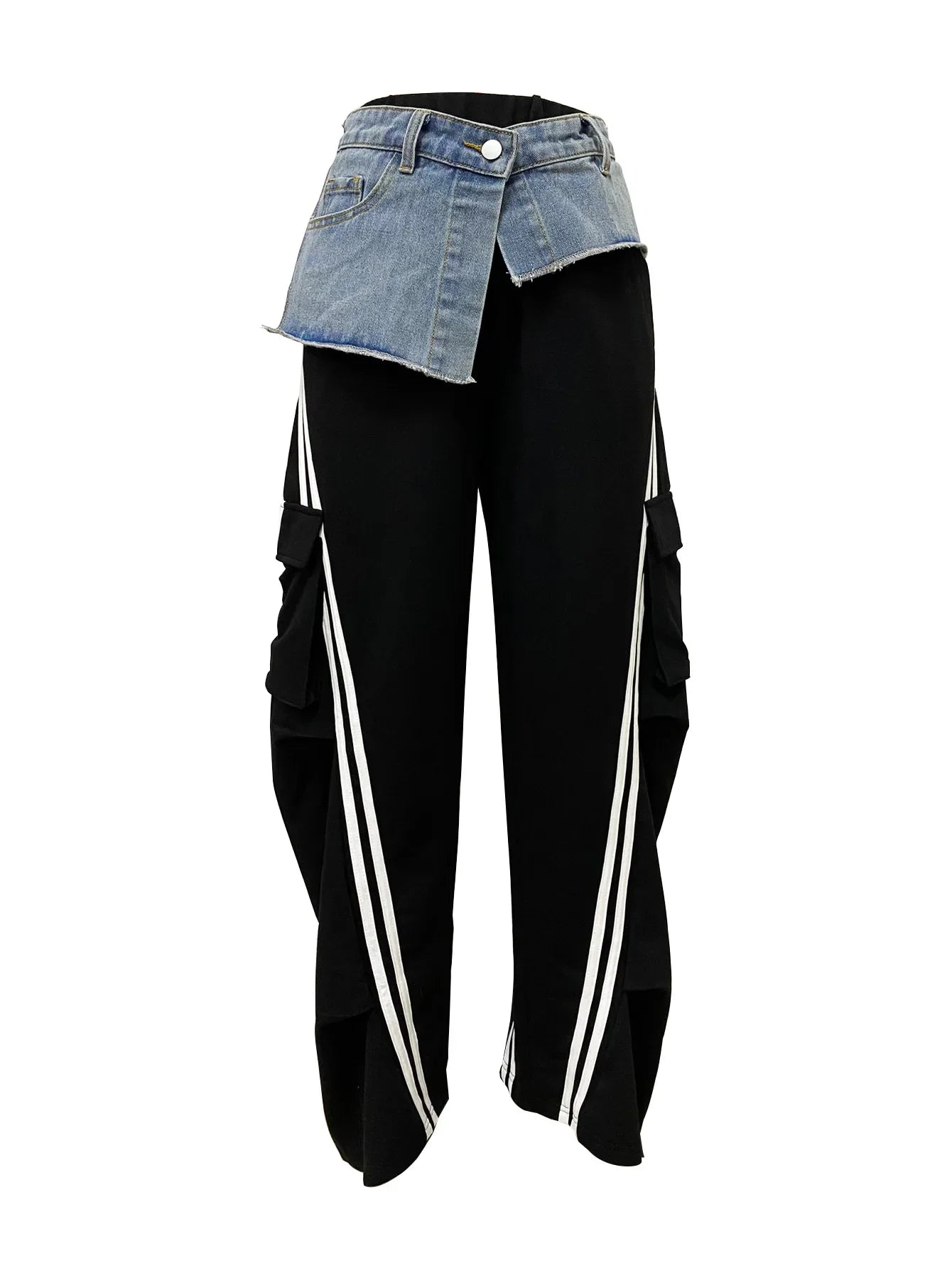 Customized Fashion Women Denim Patchwork Pocket Side Wide Leg Loose Jogger Pants Active Jean Splicing Sweatpants Trousers