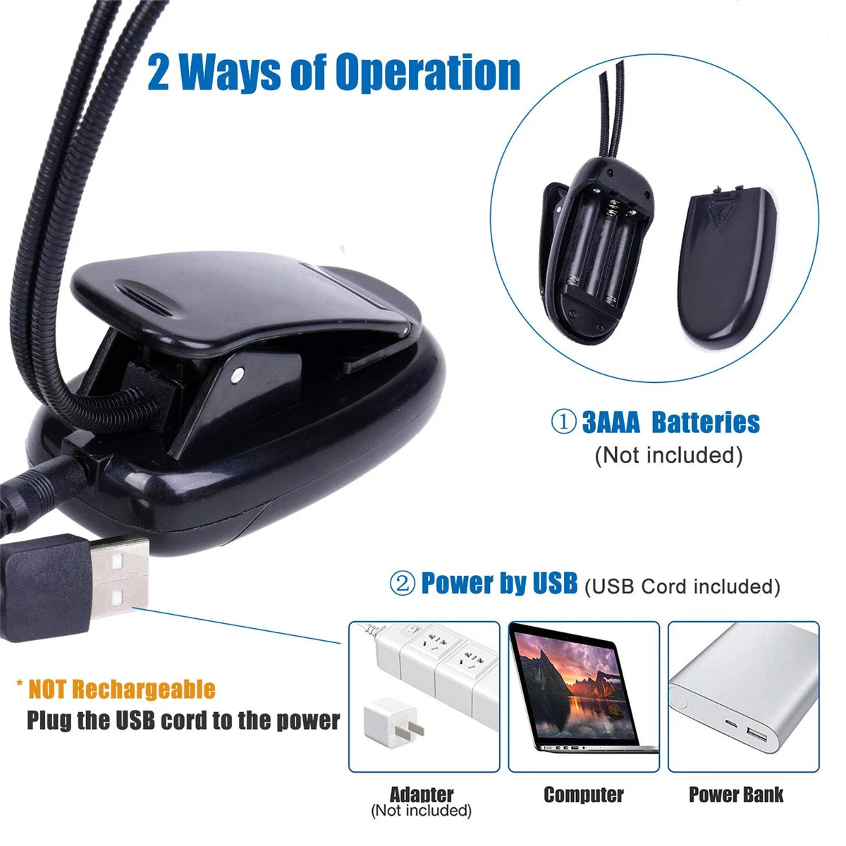 Music Stand Light, Clip on LED Book Lights, USB and AAA Battery Operated, Reading Lamp in Bed, 4 Brightness Levels, Ideal for Bo