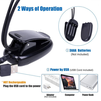 Music Stand Light, Clip on LED Book Lights, USB and AAA Battery Operated, Reading Lamp in Bed, 4 Brightness Levels, Ideal for Bo