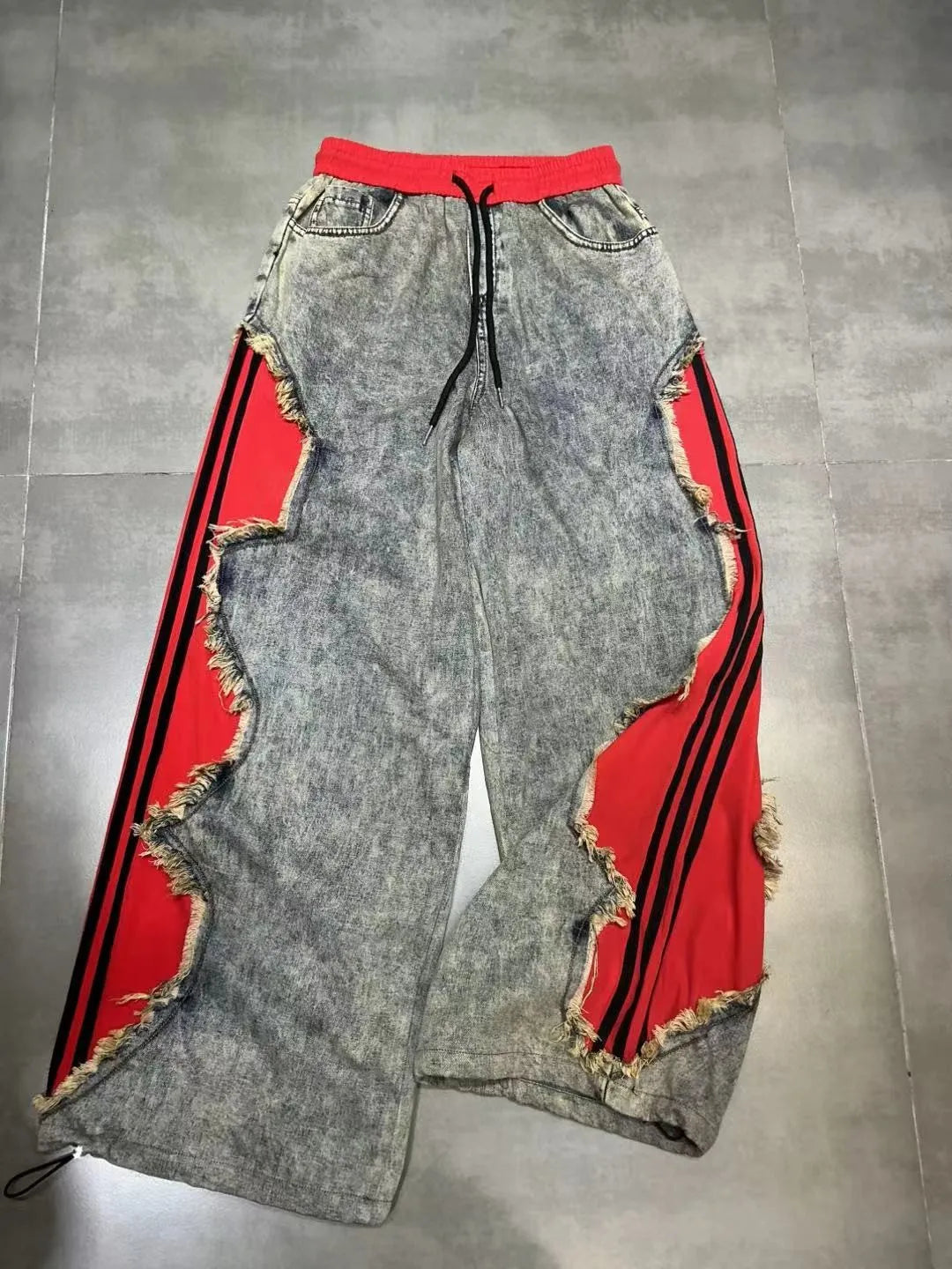 Trendy Drawstring Casual Women's Jeans Spring Summer New Style Side Color Block Striped Washed Grey Pants Natural Waist Denim