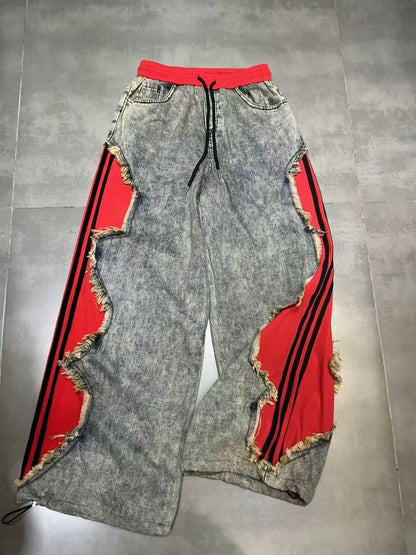Trendy Drawstring Casual Women's Jeans Spring Summer New Style Side Color Block Striped Washed Grey Pants Natural Waist Denim
