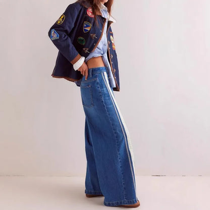 New European American Fashionable, Retro and Individuality Wide-leg Floor-length Denim Trousers with A Slit and Two-tone Design