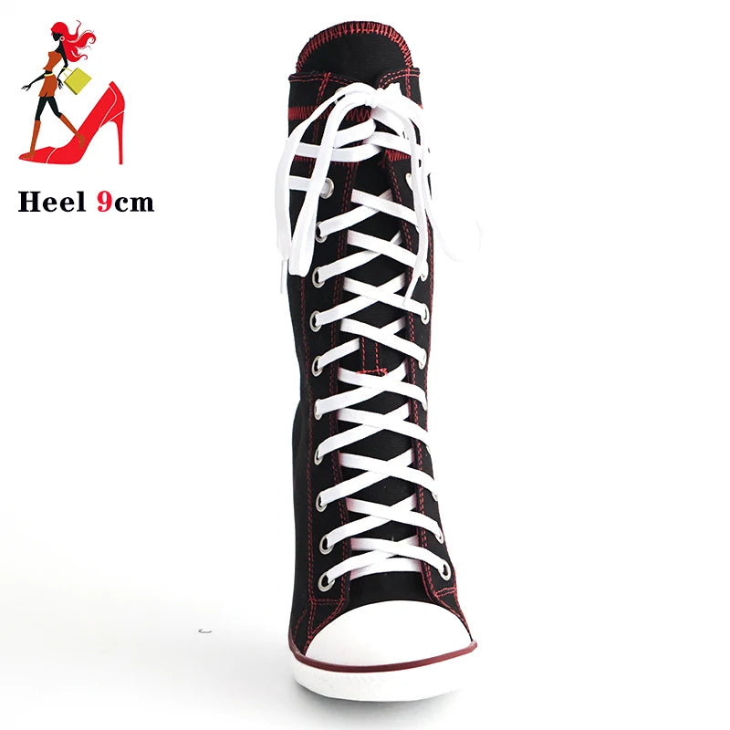 .Women Boots Design Stiletto High Heel Canvas Shoes Fashion Lady Lace up Pointed Ankle Shoes Sexy High-heeled Thin Heel Boot