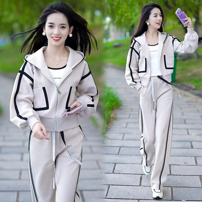 Women's Fashion Color Matching Zipper Cardigan Jacket + Wide-leg Pants Sports Casual Loose Two Piece Set