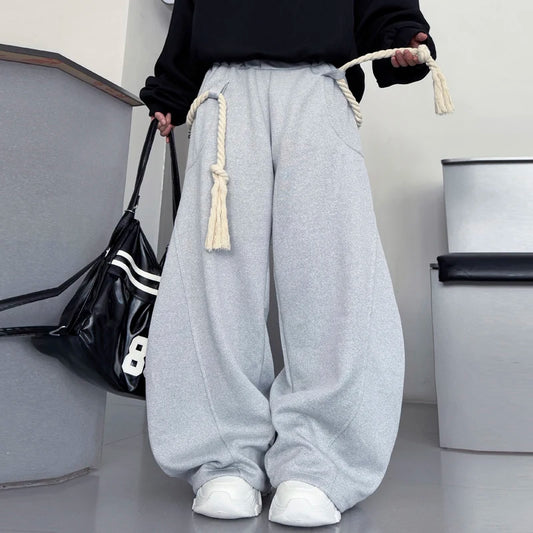 IEFB Handmade Thick Rope Design Men Women Casual Pants Solid Color Elastic Waist Sweatpants Wide Leg Male Curved Knife Trousers 9X654