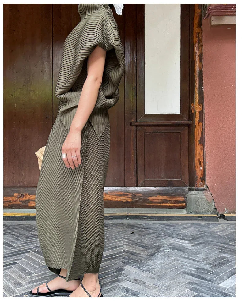 Miyake Pleated Women Set 2026 Summer New Solid Color Irregular Design T-shirt Loose Large Half Skirt Female Two Piece Set