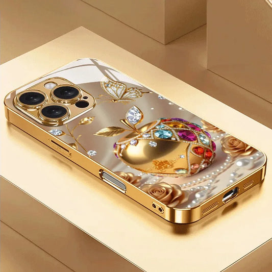 Luxury Golden For Apple Pattern Metallic Paint Glass Phone Case For iPhone 17 16 15 14 13 12 11 Pro Max 16 Plus 17 Air 16E Cover