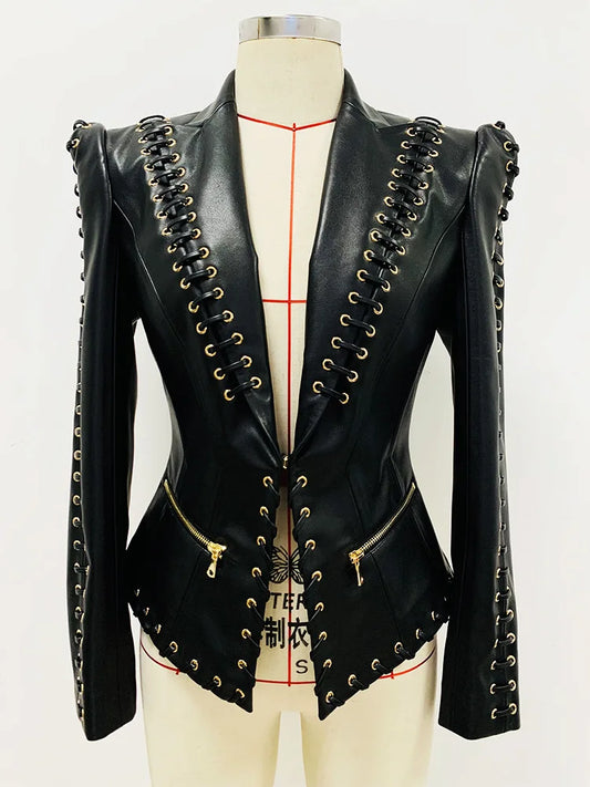 HIGH QUALITY Newest Fashion 2026 Designer Jacket Women's Rope Lacing Up Slim Fitting Leather Blazer
