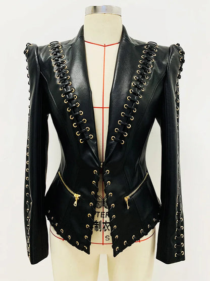 HIGH QUALITY Newest Fashion 2026 Designer Jacket Women's Rope Lacing Up Slim Fitting Leather Blazer
