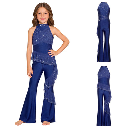 Kids Girls Figure Skating Jumpsuit Ballet Gymnastics Acrobatics Dance Leotard Sleeveless Shiny Rhinestones Ruffles Mesh Bodysuit