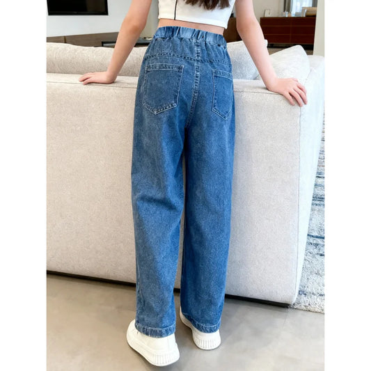 2026 Girls Comfortable Soft Fabric Wide-leg Pants, Casual Daily Versatile Style, Star Element Printed Imitation Denim Trousers