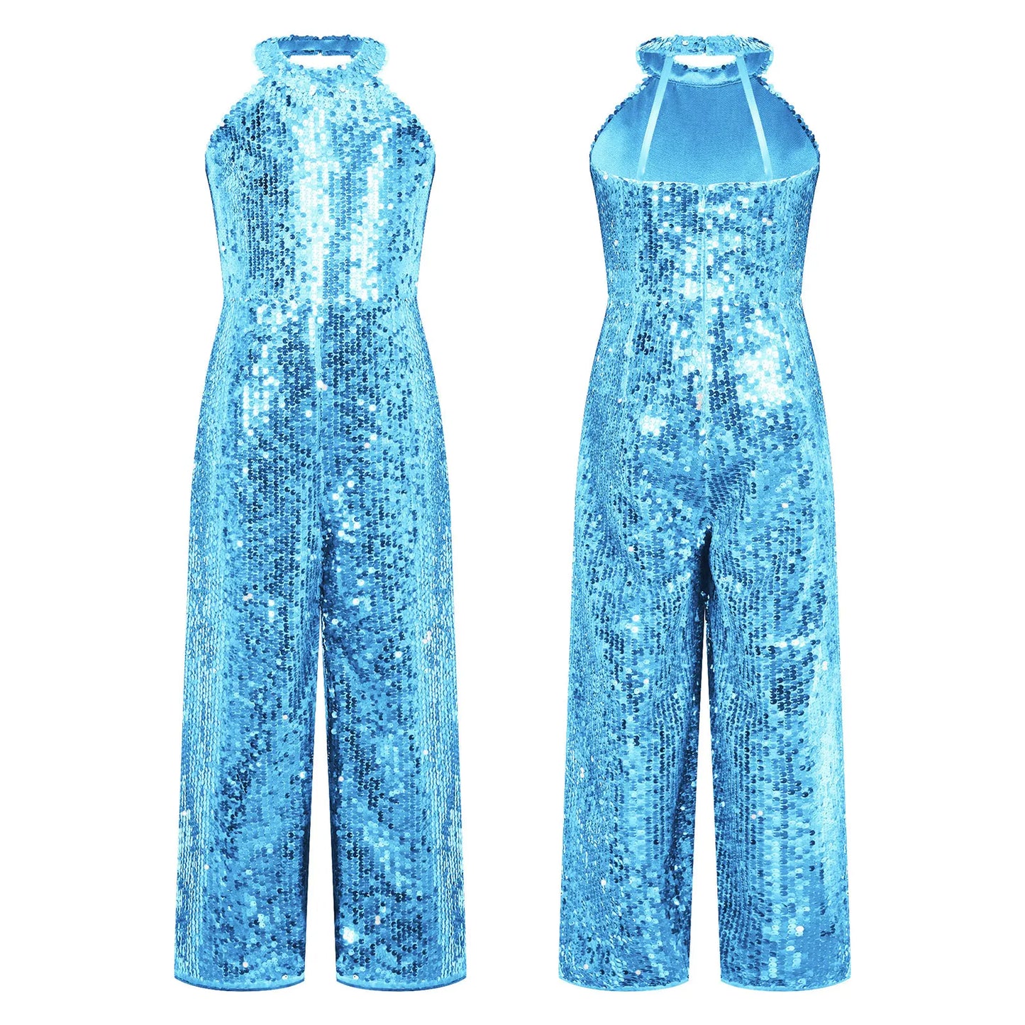 Kids Girls Jazz Dance Performance Jumpsuit Shiny Sequin Sleeveless Halter Romper Birthday Wedding Party Dancing Prom Bodysuit