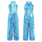 Kids Girls Jazz Dance Performance Jumpsuit Shiny Sequin Sleeveless Halter Romper Birthday Wedding Party Dancing Prom Bodysuit