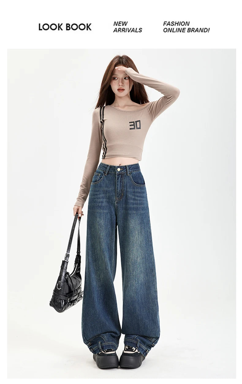 Ins Fashion American Retro Baggy High Waisted Jeans Woman High Street Denim Pants Reversible Trousers Streetwear Y2K Loose Jeans