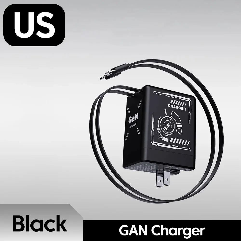 120W GaN Fast Charger With Retractable Type-C Cable Portable PD Mobile Phone Adapter For iPhone 17 16 Pro Samsung Xiaomi Huawei