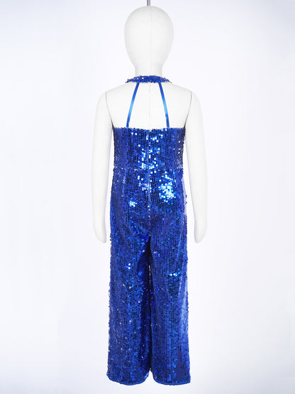 Kids Girls Jazz Dance Performance Jumpsuit Shiny Sequin Sleeveless Halter Romper Birthday Wedding Party Dancing Prom Bodysuit