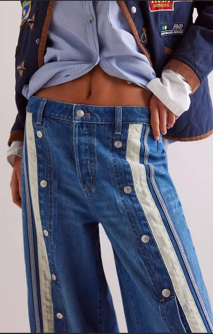 New European American Fashionable, Retro and Individuality Wide-leg Floor-length Denim Trousers with A Slit and Two-tone Design