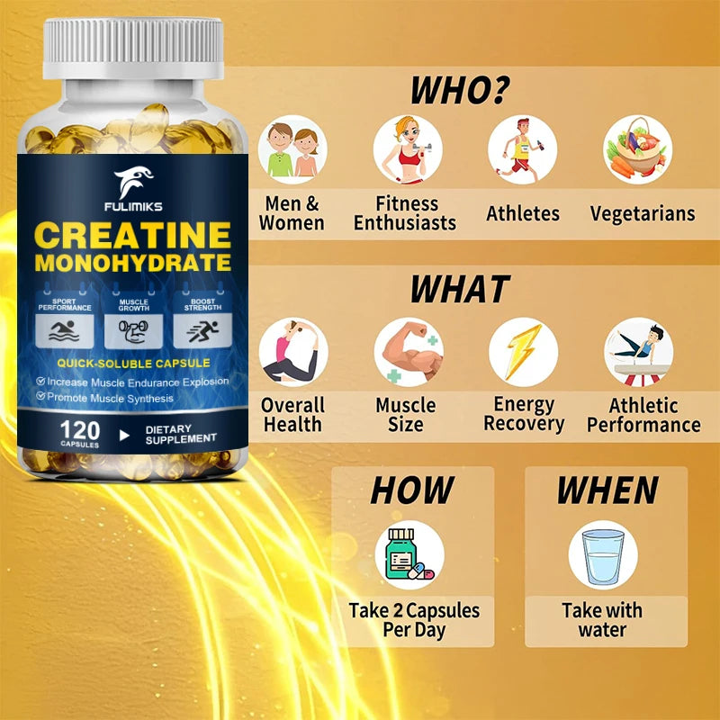 Creatine Monohydrate Capsules, Keto Friendly, 3000mg,  Pre-Workout & Muscle Strength Support | Easy to Swallow