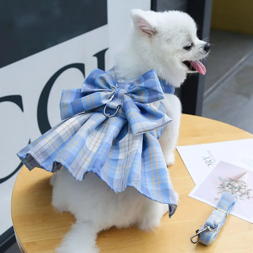 Reusable with Leash Traction Dog Plaid JK Dress Thin Dacron Pet Harness Skirt Adjustable Washable Dog Bow Skirt Rabbit