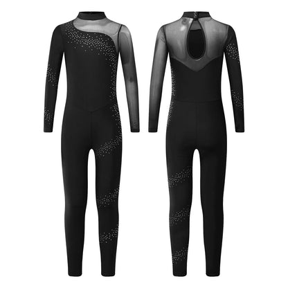 Kids Girls Ballet Dance Gymnastics Leotard Figure Skating Acrobatics Yoga Bodysuit Long Sleeve Shiny Rhinestone Mesh Jumpsuit