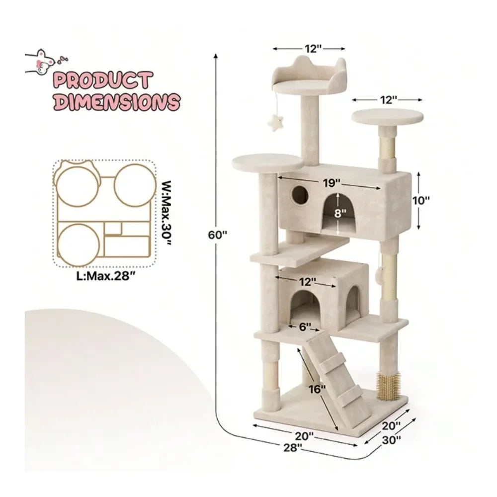 Tree, 60 Inch Cat Tree Tower With 2 Cat Condo, Cat Tower With ching Post, Cat Climbing Tower, Cat Tree For Indoor Cats