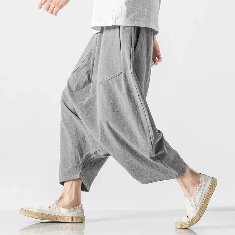 Spring Summer Men Plus Size Casual Harem Pants Vintage Loose Cotton Linen Wide Leg Pants Men Elastic Waist Pantalones Trousers