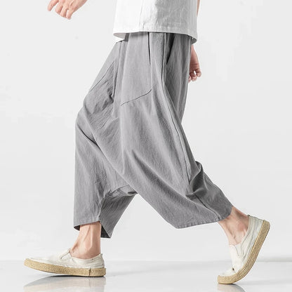 Spring Summer Men Plus Size Casual Harem Pants Vintage Loose Cotton Linen Wide Leg Pants Men Elastic Waist Pantalones Trousers